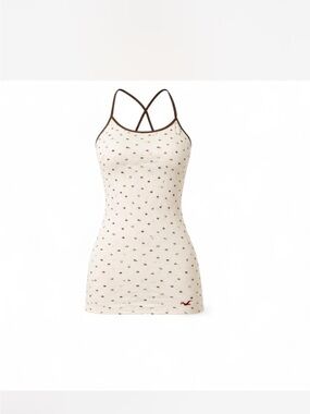 Hollister Cream Polka-Dot Crossback Tank with Brown Trim and bird embroidered